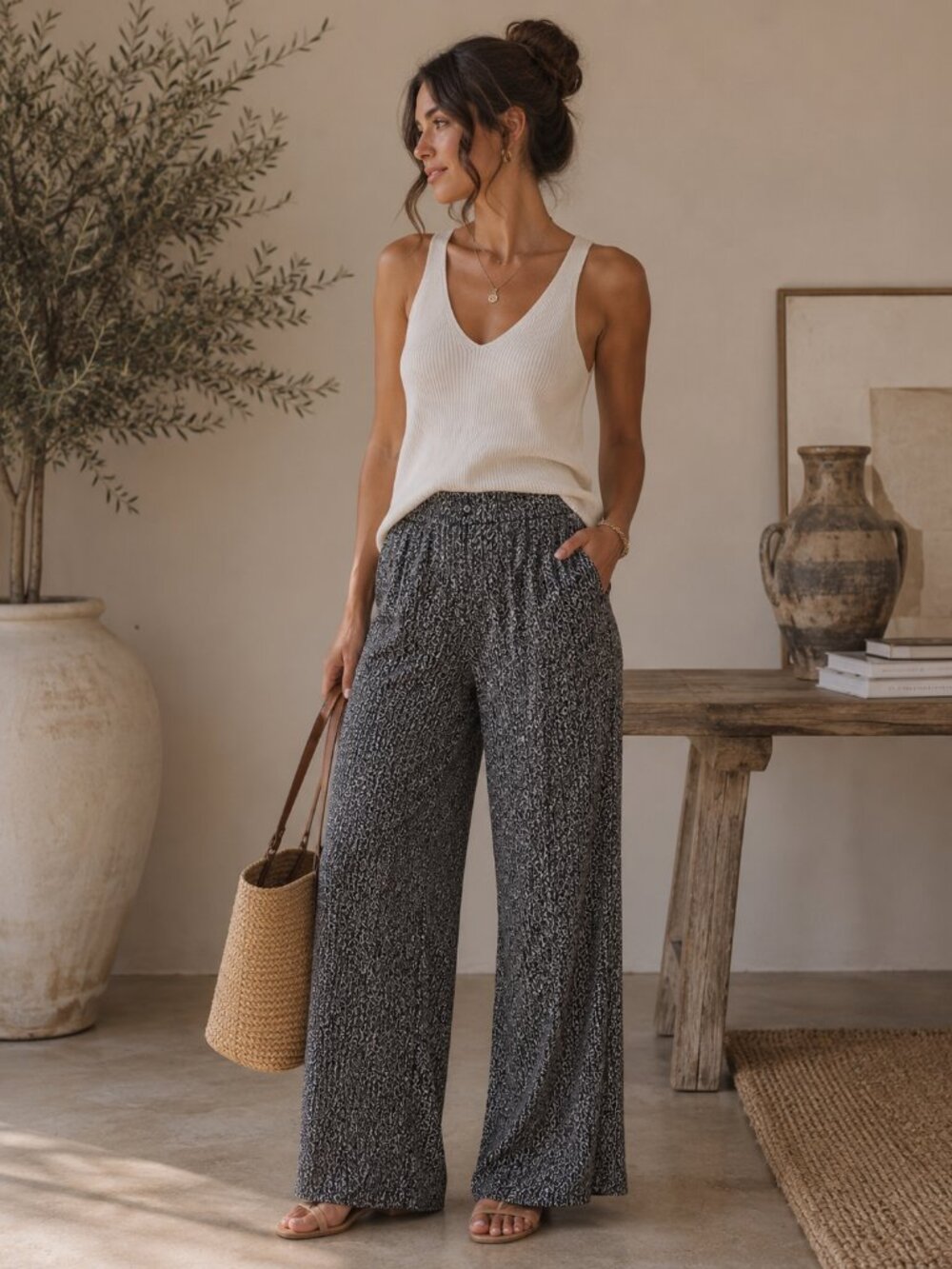 Black & White Printed Wide Leg Pants M | Flowy Minimal Chic Everyday